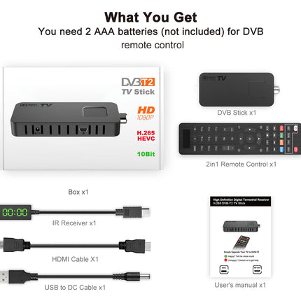 DCOLOR DVB-T2 digitaalne maapealne dekooder 2025, teleri taha peidetud mini HDMI teleripulk, DVB-T2 HDMI teleripulk, HD 1080P H265 HEVC Main 10-bitine, toetab USB WiFi/PVR-i
