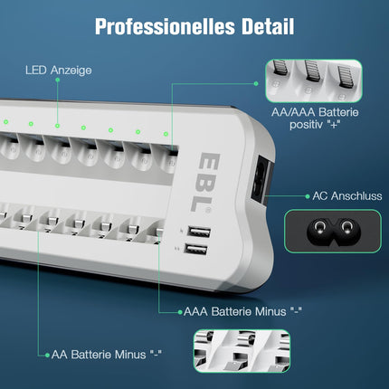 EBL akulaadija AA akudega 2800mAh 8 tk pakis - akulaadija 2 USB-pordiga AA, AAA, NI-MH akude ja USB-seadmete jaoks, mitmekordne kaitse, akude LED-ekraan