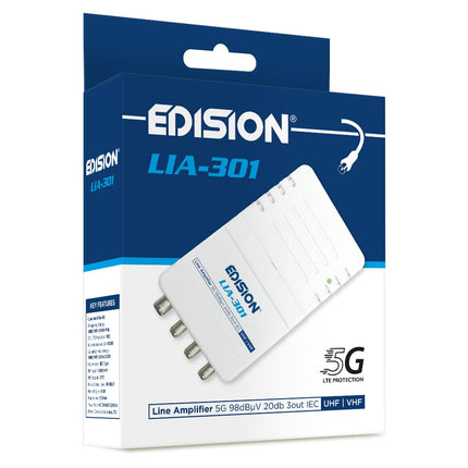 EDISION LIA-301 UHF/VHF koduvõimendi, 5-20dB, 98dBmV, sagedusala 47-694MHz, sobib kaabeltelevisiooni, maapealse ja raadiolevi jaoks, 5G LTE filter, 1 sisend, 3 väljundit, IEC pistikud