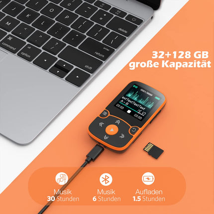 AGPTEK MP3-mängija Bluetooth 5.0 Sport 32GB 1,5-tollise TFT värvilise ekraaniga, mini-muusikamängija klambriga, toetab kuni 128GB TF-kaarti, sõltumatu helitugevuse nupuga, oranž