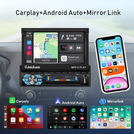 Car Radio 1 Din Apple Carplay with Screen Motorized Extendable with Android Auto Bluetooth, 7-inch Media Receiver Car Radio Stereo with FM Radio/Mirror Link + Rear View Camera and Microphone