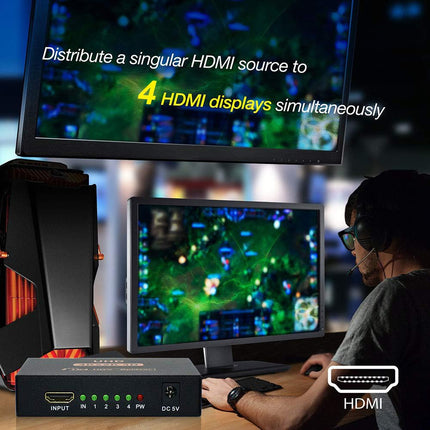 VKBAND HDMI Splitter 1 to 4 Output V1.4-powered 1x4-port box supports full Ultra HD 1080P 4K 60hz/ 2K and 3D resolutions (1 input to 4 outputs)