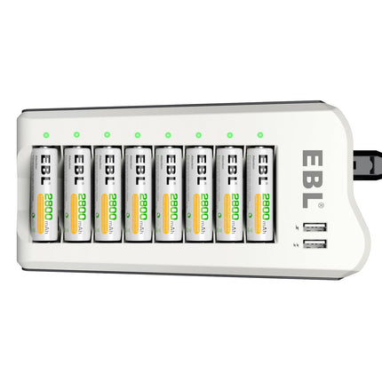 EBL akulaadija AA akudega 2800mAh 8 tk pakis - akulaadija 2 USB-pordiga AA, AAA, NI-MH akude ja USB-seadmete jaoks, mitmekordne kaitse, akude LED-ekraan