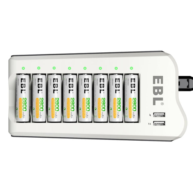 EBL akulaadija AA akudega 2800mAh 8 tk pakis - akulaadija 2 USB-pordiga AA, AAA, NI-MH akude ja USB-seadmete jaoks, mitmekordne kaitse, akude LED-ekraan