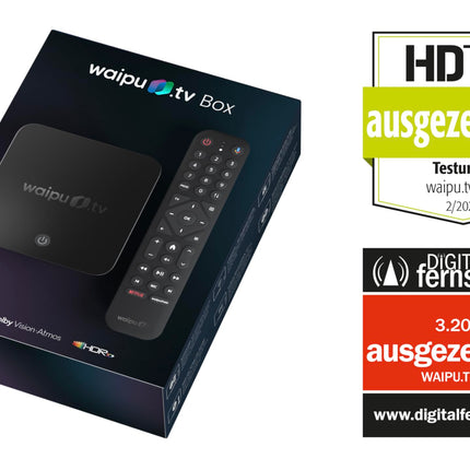 waipu.tv Box | Includes remote control with illumination | TV via Wi-Fi | LAN | HDMI | 4K | HDR10+ | Dolby Vision | Dolby Atmos | Voucher for 3 months of 300 TV channels &amp; 40,000 films &amp; series