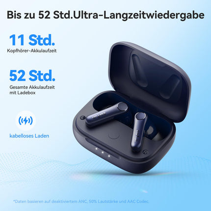 EarFun Air Pro 4 Bluetooth-kõrvaklapid adaptiivse hübriidmüra summutusega, aptX Lossless tehnoloogia, kõrglahutusega heli, LDAC, 6 mikrofoni, cVc 8.0 tehisintellektiga kõned, 52-tunnine aku tööiga, Multipoint, Bluetooth 5.4 ja kõrvasisese tuvastus.
