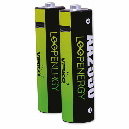 VERICO LoopEnergy AA 2550, Mignon, rechargeable USB-C battery AA 1.5V 2550mWh (1700mAh) Li-Ion battery, fast charging via USB-C connection in approx. 2 hours, 2-pack AA, 1 cable USB-A to 2 x USB-C