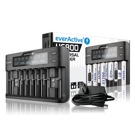 everActive charger for up to 10 Li-ion and NI-MH, Li-HV and Li-FePO4 batteries, professional, fast, and universal, LCD display, capacity test, model: UC800