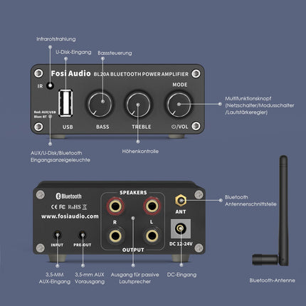 Fosi Audio BL20A Bluetooth 5.0 kodukino stereovõimendi Mini Hi-Fi D-klassi integreeritud võimendi U-Disk AUX puldiga kodukõlaritele 100 vatti × 2
