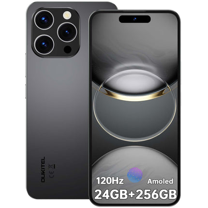 OUKITEL P1 mobiiltelefon ilma lepinguta - 24GB+256GB nutitelefon ilma lepinguta Android 14, 6,7-tolline AMOLED ekraan SIM-kaardivaba mobiiltelefon 5150mAh, 50MP+32MP kaamera, GPS, NFC, must