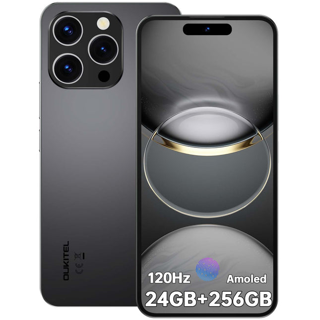 OUKITEL P1 mobiiltelefon ilma lepinguta - 24GB+256GB nutitelefon ilma lepinguta Android 14, 6,7-tolline AMOLED ekraan SIM-kaardivaba mobiiltelefon 5150mAh, 50MP+32MP kaamera, GPS, NFC, must