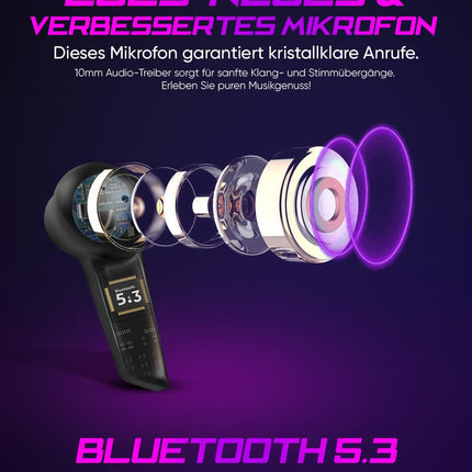 ROTTER® juhtmevabad Bluetooth-mobiilsed mängukõrvaklapid, äärmiselt madal latentsusaeg 50 ms, Bluetooth 5.3, kahe režiimiga, 35 tundi mänguaega, IPX4 veekindlus, 6 mikrofoni (mustad)