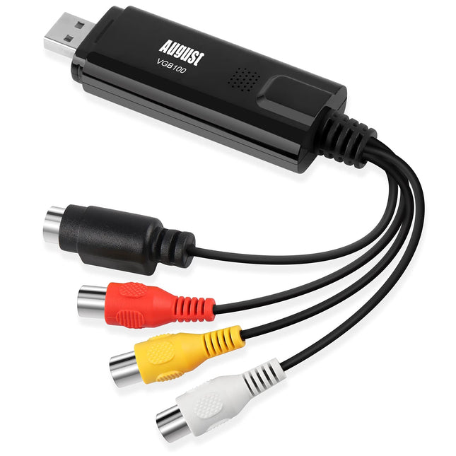 USB 2.0 Audio Video Grabber Converter - August VGB100 - Scart, S-Video, Composite - VHS Hi8 cassette camcorder digitize to DVD transfer video adapter SECAM PAL - for Windows 11/10/8/7/Vista/XP