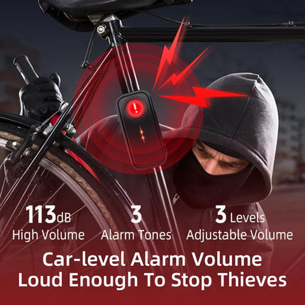 Vehicle detectable, 113dB bicycle alarm wireless vibration motion sensor waterproof bicycle motorcycle alarm with remote control