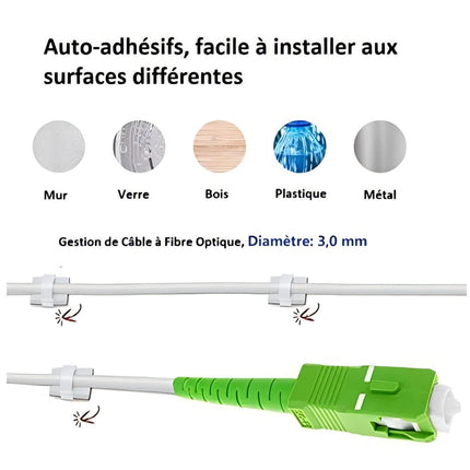 Elfcam - Self-adhesive cable clips for fiber optic cables (fiber optic patch cables), power cables, network cables, USB charging cables and audio cables, white (100 pieces)