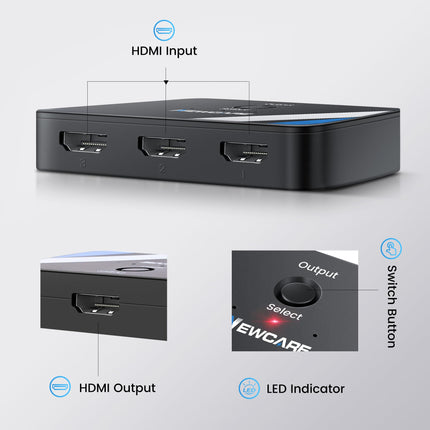 NEWCARE HDMI-lüliti 3 sisse-1 väljundiga koos 2,6 jala pikkuse kaabliga, 4K@60Hz HDMI-jaotur 3 sisse-1 väljundiga, 3-pordiline HDMI-lüliti jaotur, mis toetab Dolby Atmos HDR10-t