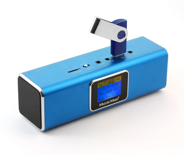 MusicMan TXX3548 MA Soundstation stereokõlar integreeritud laetava aku ja LCD-ekraaniga (MP3-mängija, raadio, microSD-kaardi pesa, USB-pesa), sinine