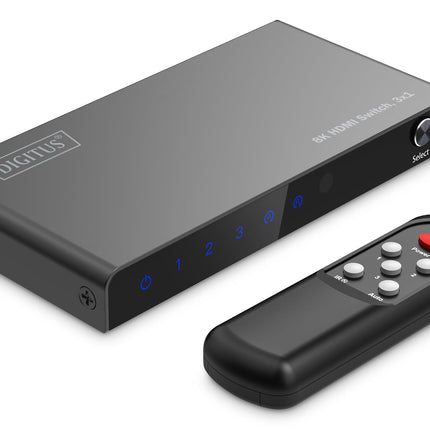 DIGITUS DS-55333 HDMI-lüliti 3x1 – 3 sisendit, 1 väljund – UHD 8K/60 Hz HDTV: 7680 × 4320p – HDCP 2.3 ja HDMI 2.1 – HDR, CEC, Deep Color, DTS, Dolby Digital, LPCM – teleri, monitori, PS5, PS4, Xboxi jaoks