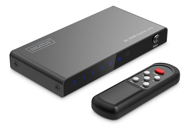 DIGITUS DS-55333 HDMI-lüliti 3x1 – 3 sisendit, 1 väljund – UHD 8K/60 Hz HDTV: 7680 × 4320p – HDCP 2.3 ja HDMI 2.1 – HDR, CEC, Deep Color, DTS, Dolby Digital, LPCM – teleri, monitori, PS5, PS4, Xboxi jaoks