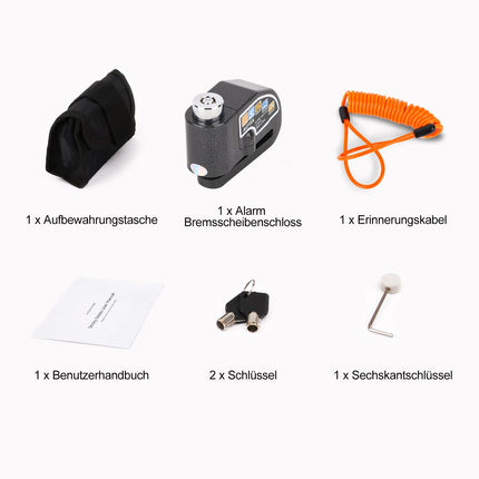 AGPTEK piduriketta lukustus mootorratta lukustusalarmisüsteem 110db ketaslukk, pidurikell 1,5 m tagasikutsumiskaabli ja lukukotiga, turvalukk Moto Moped Vespa Motokrossile, must