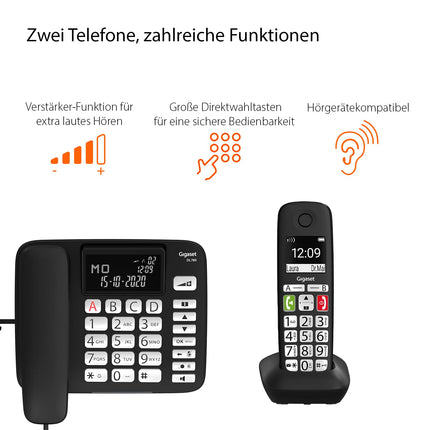 Gigaset DL780 Plus juhtmega telefoni ja telefoni komplekt, eriti valju kuulamine, kuuldeaparaatidega ühilduv, jagatud telefoniraamat, must