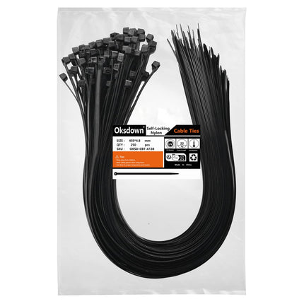 Oksdown Cable Ties Black 450mm × 4.8mm UV Resistant Nylon with 22 kg Tensile Strength Extra Long Strong Large Plastic Self-Locking Cable Ties 250 Pieces for Industry, Horticulture, Cable Industry