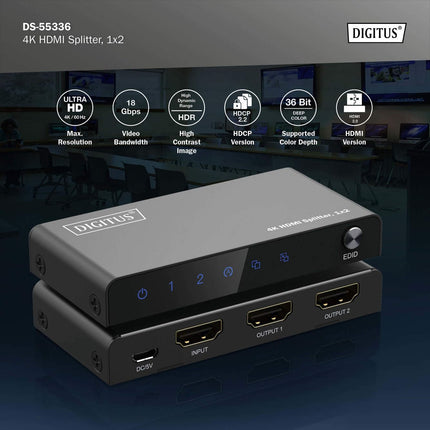 DIGITUS HDMI jagaja 1x2 4K/60Hz HDCP 2.3 EDID juhtimine