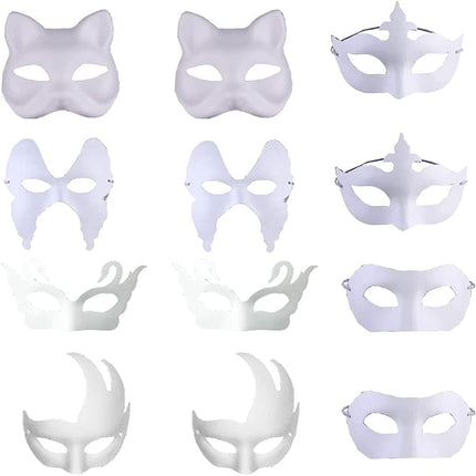 12 valget maski, kassimask, maskid maalimiseks, värvimata tühi pabermask, rebasemask, karneval, pidu, maskiballi pidu, halloween, karneval, cosplay, isetegemise maalimine, innovatsioon