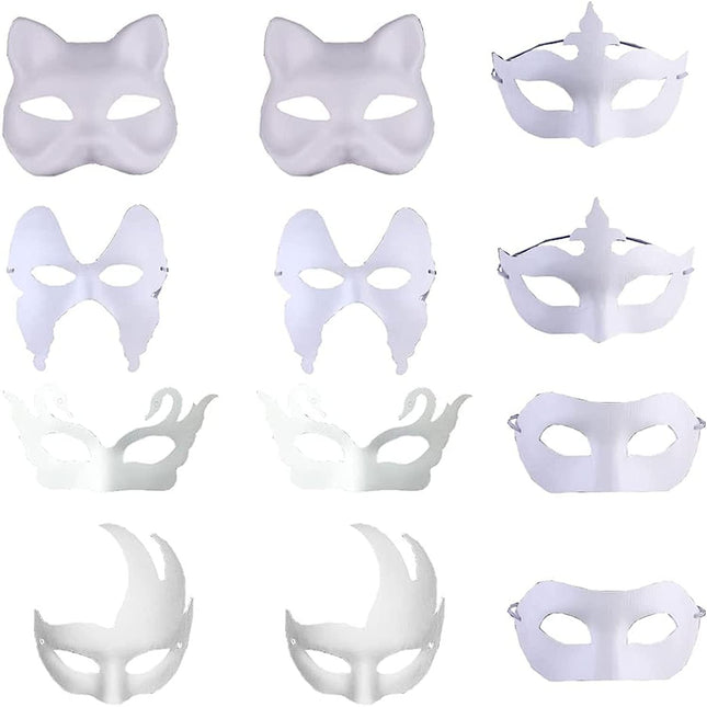 12 valget maski, kassimask, maskid maalimiseks, värvimata tühi pabermask, rebasemask, karneval, pidu, maskiballi pidu, halloween, karneval, cosplay, isetegemise maalimine, innovatsioon