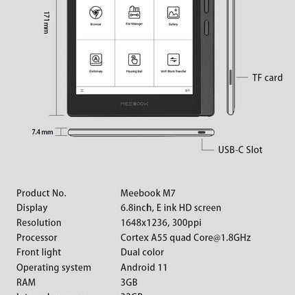 Meebook E-Reader M7 | 6.8' Eink Carta Screen | 300PPI Smart Light | Android 11 | Quad Core Processor | External Speaker | Supports Google Play Store | 3GB+32GB Storage | Micro-SD Slot | Gray