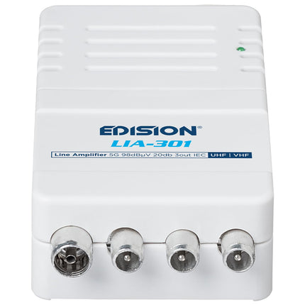 EDISION LIA-301 UHF/VHF koduvõimendi, 5-20dB, 98dBmV, sagedusala 47-694MHz, sobib kaabeltelevisiooni, maapealse ja raadiolevi jaoks, 5G LTE filter, 1 sisend, 3 väljundit, IEC pistikud