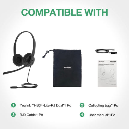 Yealinki telefonipeakomplektid kontoritelefonidele YHS34 Lite QD - RJ9 juhtmega peakomplekt, ühildub Poly Avaya Snom Grand Stream telefonidega, lauatelefoni peakomplekt mikrofoniga - kahekordne/111g/2.1m kaabel