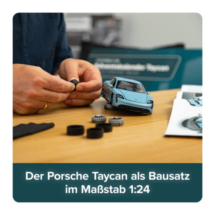 FRANZIS 67203 - Porsche Taycan Advent Calendar Frozen Blue, metal model kit in 1:24 scale, including LED showroom lighting and 52-page accompanying book