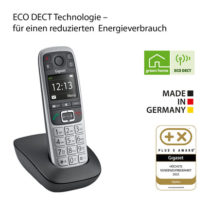 Gigaset E560 - Cordless DECT phone for seniors - emergency call button for 4 SOS numbers, side extra-loud button, hands-free function, keypad with extra-large keys, silver [German version]