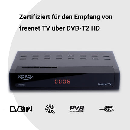 XORO DVB-C/T2 kombineeritud vastuvõtja HRT 8730 hübriid USB-meediapleieri, PVR-valmidusega, ajanihkega, integreeritud Irdeto juurdepääsusüsteemiga Freenet TV jaoks ja 6-kuulise krediidiga
