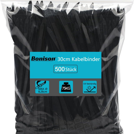 Bonisoni kaablisidemed - 500 tk nailonist 7,6 mm/30,5 cm iselukustuvad tõmblukuga kaablite haldamiseks aianduseks, elamiseks, töötubadeks, UV-kindlad, temperatuurikindlad ja vastupidavad.