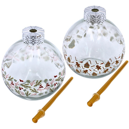 Drinking glass Christmas ball made of glass with straw as a set of 2, transparent with Christmas decoration, L/W/H 10 x 10 x 20 cm, capacity 220 ml