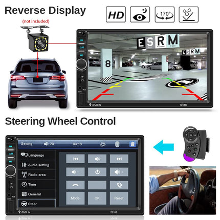 Podofo 2-DIN autoraadio Bluetoothiga, kahe DIN-iga 7-tolline puutetundlik autostereo MP5-mängija koos peegliühendusega iOS-ile/Androidile, FM-raadio, roolil juhtimine, USB/TF/AUX sisend + 7-värviline nupp
