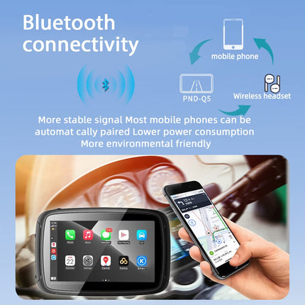 GOFORJUMP juhtmevaba CarPlay ja Android Auto 5-tolline puutetundliku ekraaniga mootorratta navigaator IPX7 veekindel mootorratta Bluetooth-ühendus