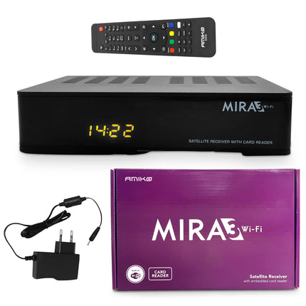 Amiko MIRA3 HD satellite receiver with recording function, card slot, timeshift, HDMI, PVR, USB, WiFi, AAC-LC, SCART, coaxial - satellite receiver HD for satellites, satellite receiver with 12V power supply + HDMI cable M@tec