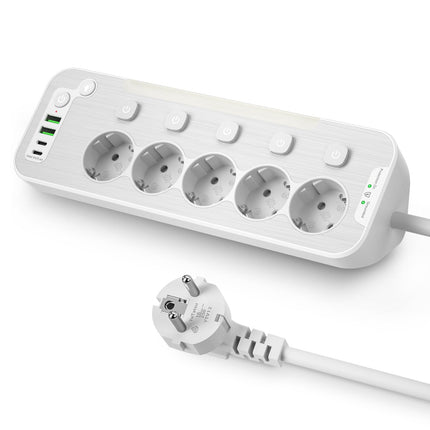 Table socket with USB, 5-way power strip individually switchable, corner socket for kitchen and office, wall-mounted multiple socket with switch, metal power strip surge protection 2M cable, white