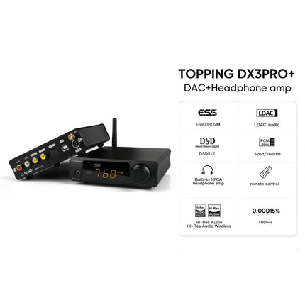 TOPPING DX3 Pro + Headphone Amplifier ES9038Q2M Bluetooth LDAC Audio Decoder USB/Optical/Coaxial HiFi DAC NFCA XMOS XU208 Preamplifier DX3 Pro Plus (Black)