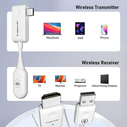 USB C HDMI juhtmevaba saatja ja vastuvõtja, Lemorele 5G USB-C HDMI juhtmevaba edastus 30M HDMI juhtmevaba laiendaja video/heli voogesitamiseks Macbookist/sülearvutist projektorisse/HDTV-sse kodukino/koosolekute/loengu jaoks