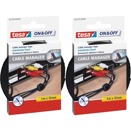 tesa On &amp; Off Cable Manager UNIVERSAL - Hook-and-loop cable ties for cable storage - bundles cables in the home and office - cuttable - 10 mm x 5 m (pack of 2)