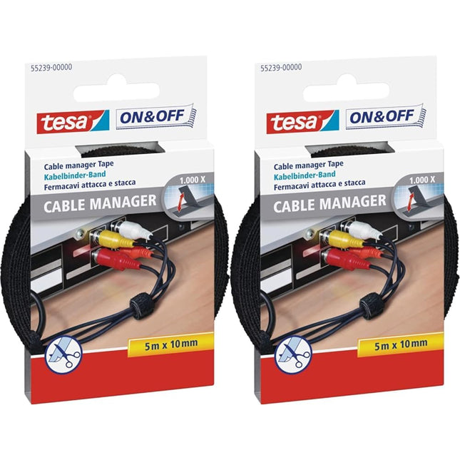 tesa On &amp; Off Cable Manager UNIVERSAL - Hook-and-loop cable ties for cable storage - bundles cables in the home and office - cuttable - 10 mm x 5 m (pack of 2)