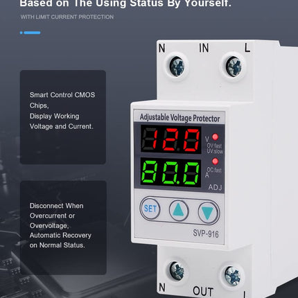Undervoltage protection device, voltage current protector, 230VAC intelligent single-phase adjustable overvoltage undervoltage current protector, DIN rail installation, for power supply systems (63A)