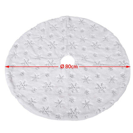 BAKAJI Christmas tree rug, diameter 78 cm, made of soft plush, white, snow effect with snowflake decoration, Christmas decoration (silver)