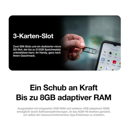 AGM H6 Üliõhuke lepinguta õuemobiiltelefon, vastupidav Androidi nutitelefon 6,56" IPS HD+, 4 GB + 128 GB 50 MP + 2 MP kaameraga, 4G kahe SIM-kaardiga IP68 / sõrmejälje ID/NFC/GPS/3 kaardipesa