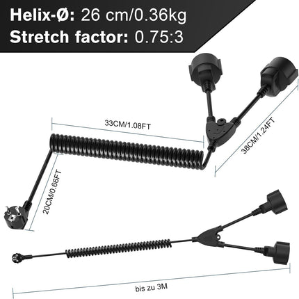 Kaitsekontaktiga spiraalpikenduskaabel, Schuko pikenduskaabel 2 Schuko pistikupesaga, 3M kaitsekontaktiga spiraalkaabel, venitatav 0,9 m kuni 3 m, 230V/16A PVC pikenduskaabel, must