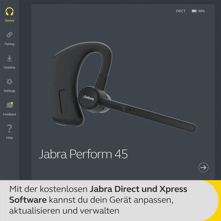 Jabra Perform 45 Mono Bluetooth peakomplekt kõrvakonksuga, integreeritud mikrofon ülimüra summutusega, PTT-funktsiooniga, näost näkku kõnerežiimiga ja diskreetse disainiga - must